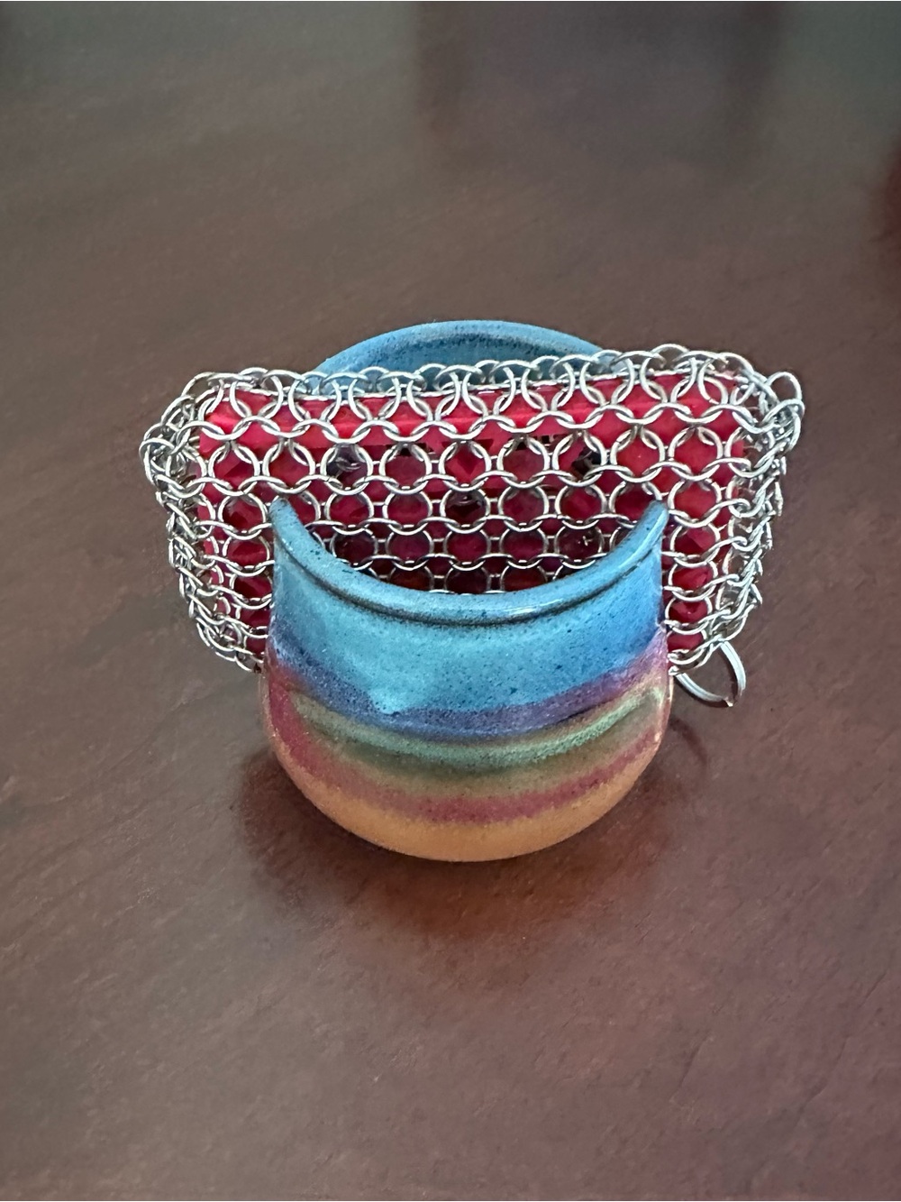 Always Azul Pottery Ceramic Sponge Holder with Chainmail Cast Iron Scrubber